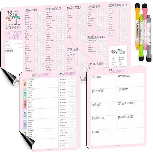 Baby First Food Tracker, Magnetic Meal Planner, Fridge Grocery Shopping List Chart (3 in 1) - Dry, Erase Menu Planners, Strong Stickiness on Refrigerator - 11.8"x8.2", Pink - Baby Led Weaning Supplies