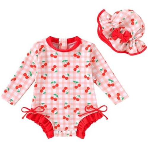 Infant Baby Swimsuit Girl Long Sleeve UPF 50+ Sun Protection One-Piece Rash Guard with Hat Zipper Bathing Suit