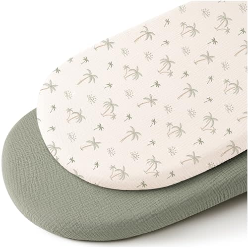 Konssy 2 Pack Muslin Fitted Bassinet Sheets for Baby Girl Boy, Soft Breathable Baby Bassinet Sheets Fit for Baby Bassinets, Cradle, Moses Basket Oval Rectangle Pad/Mattress (Tree,Fog Green)