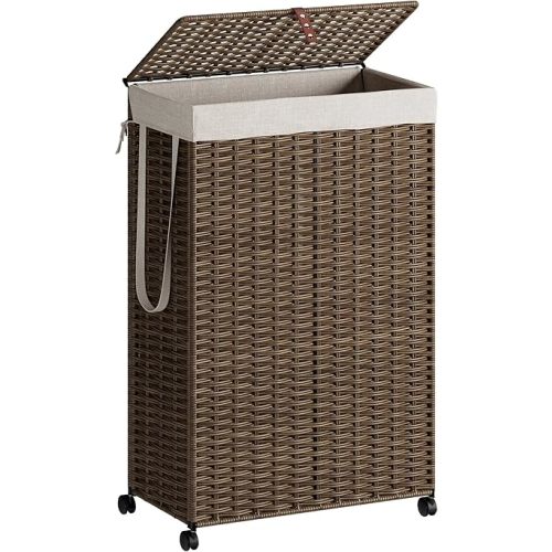 Rolling Laundry Hamper with Wheels and Lid, 90L Slim Laundry Basket with Removable Bag, Foldable Handwoven Rattan Laundry Sorter, Narrow Dirty Clothes Basket Organizer, No Assembly, Vintage
