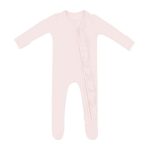 Ribbed Ruffle Zipper Footie in Blush - 6-12M
