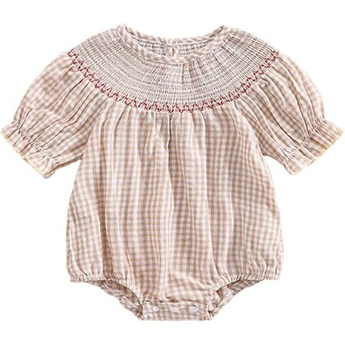 Infant Baby Girl Plaid Bubble Romper Clothes Daisy Embroidery Short Sleeve Smocked Bodysuit Summer Outfit (Khaki, 0-3 Months)