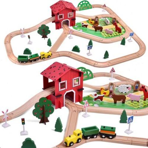 Fun Little Toys 77PCS Magnetic Wooden Train Set – Farm Theme Tracks, Compatible with Major Brands, Educational Toys for Kids