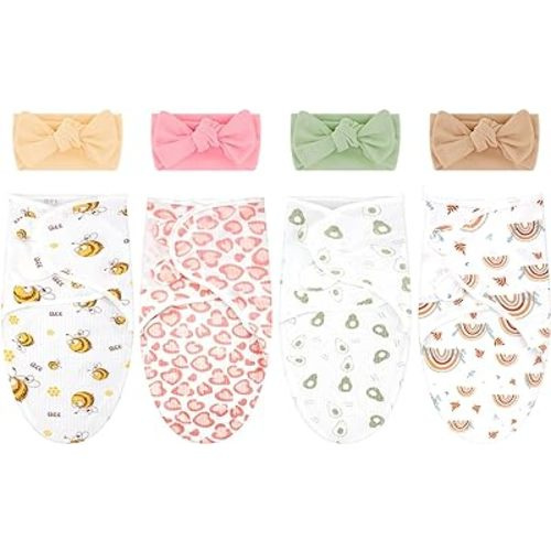 4 Pack Newborn Preemie Swaddle with Headband Set Premature Swaddle Blanket Baby Clothes for Nicu Newborn Boys Girls(Preemie,Bow Style)