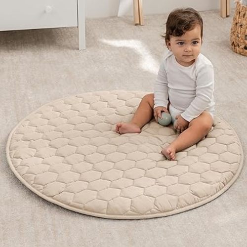 Comfy Cubs Round Kids Play Mat -Small 36 inches Soft Quilted Baby Floor Mat with Non-Slip Bottom - Plush Design for Toddlers' Playtime - Comfortable and Durable - Sand