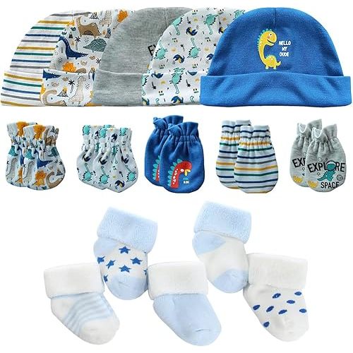 Newborn Baby Boy Girl Caps Mittens Socks Set Cotton Baby Essentials Accessories (Hats+Gloves+Socks)