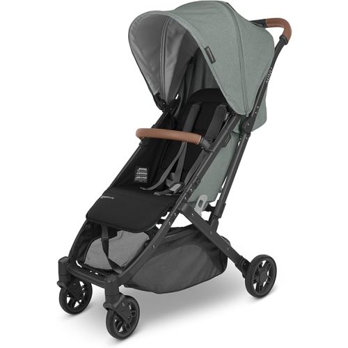 UPPAbaby Minu V2 Travel Stroller/Lightweight, Portable Design/One-Hand Fold/Shoulder Strap and Leather Bumper Bar Included/Gwen (Green Mélange/Carbon Frame/Saddle Leather)