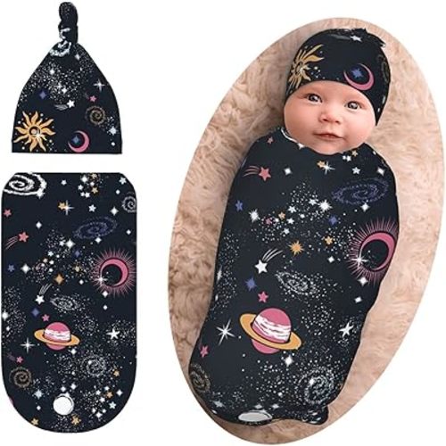 Space Galaxy Newborn Swaddle Blanket with Beanie Set, Soft and Stretchy Baby Blanket Swaddle Sack for Boy and Girl