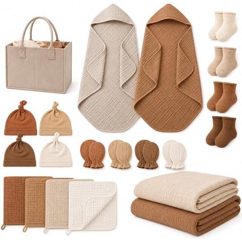 Ramede 21 Pcs Newborn Gift Basket Baby Must have Muslin Towels Swaddle Blanket Baby Bib Mitten Hairband Sock Diaper Caddy