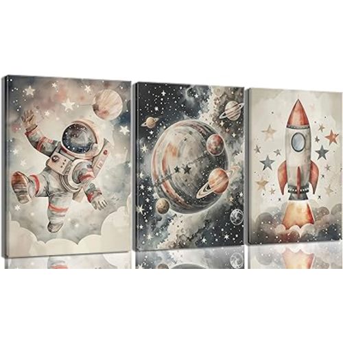Nursery Space Astronaut Canvas Wall Art Rocket Ship And Astronaut Watercolor Painting Pictures Fun Outer Space Adventure Room Wall Decor Spaceman Planet Universe Posters Prints Artwork Framed