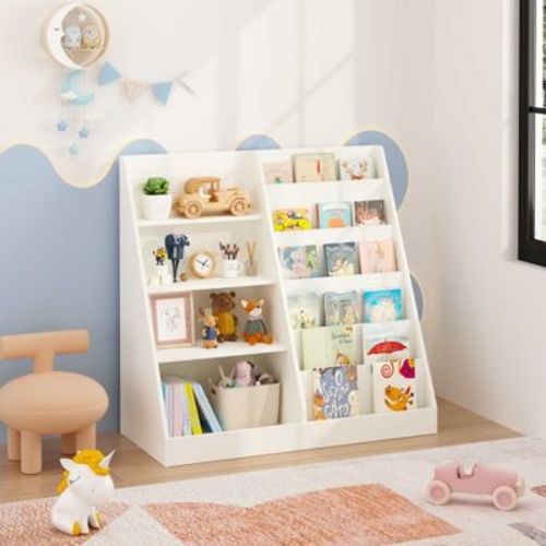 AENKYO 4-Tier Kids Bookshelf and Toy Storage Organizer Wooden Bookcase with Display Ledges & Storage Bin, Natural MDF