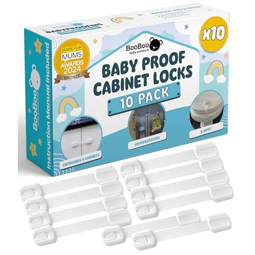 Booboo® (10 Pack) Premium Cabinet Locks Baby Proofing, Child Proof Cabinet Locks, Cupboard Locks for Children with 3M Adhesive + 4 Extra Stickers