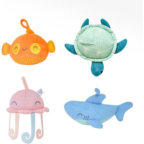 Copper Pearl Plush Bath Toy Set: Huggable Bath Toys for Babies and Toddlers, Floating Bath Toys with Hanging Loops to Dry, Includes Oceana Characters Skip, Finn, Cora & Wade