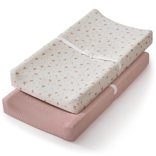 Blissful Diary Muslin Changing Pad Cover for Baby Girls, Ultra Soft Breathable Cotton, Baby Diaper Change Table Pad Covers, 2Pack (Pink Floral & Light Pink)
