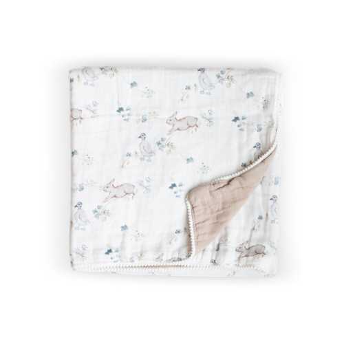 Organic Muslin Gauze Thick Quilt | Ivy Hollow Ducks Bunnies Blue Green Fawn & Foster Organic Baby Newborn Textiles Blanket Receiving Swaddle