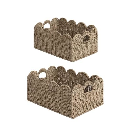 StorageWorks Scalloped Edge Wicker Basket, Scalloped Woven Basket for Organizing, Nursery Basket with Built-in Handles, Storage Basket for Décor, Seagrass Wicker Basket for Shelves, Set of 2