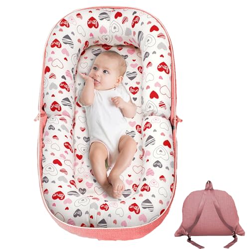 GloTika Baby Lounger, Foldable Infant Nest Pillow with Soft Memory Foam Mat, Cover with Adorable Pattern, Converts to Backpack for Easy Travel, 0-12 Months, Pink