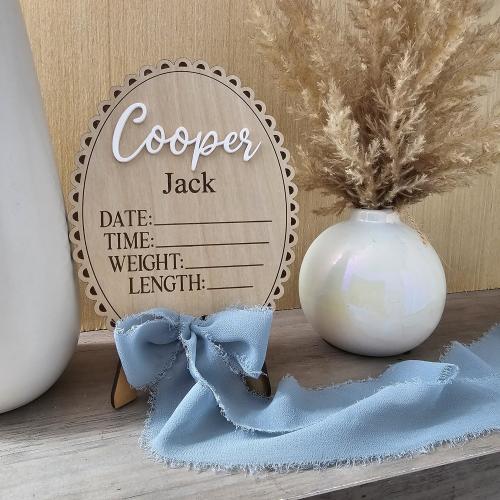 Baby Boy Birth Stat Sign | Custom Newborn Stats Wood Sign | Ribbon Bow Name Sign | Hospital Birth Announcement | Baby Photo Prop | Nursery