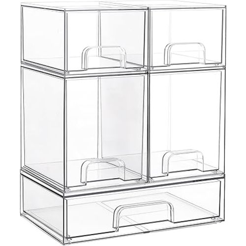 Vtopmart Stackable Storage Drawers Set of 5, Clear Plastic Organizer Bins for Beauty Supplies,Ideal for Vanity, Bathroom,Cabinet,Pantry Organization