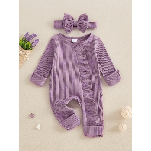 Loicainy Newborn Baby Girl Spring Fall Romper 3 6 Months Bow Print Long Sleeve Full Length Zipper Front Ribbed Jumpsuit Bow Headband 2Pcs Set