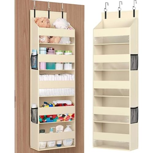 Lifewit 1 Pack Over The Door Organizer, 5 Shelf Clear Window Hanging Storage with 4 Mesh Side Pockets, Anti Tilt 40 lbs Load Behind Door for Pantry, Nursery, Bathroom, Bedroom, Kitchen, Dorm, Beige