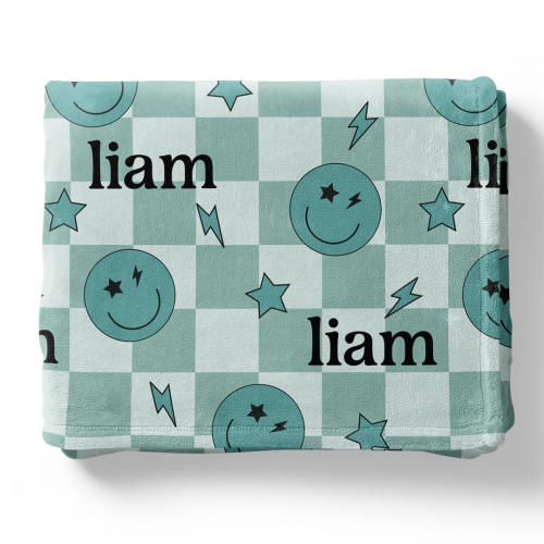 Smiley Face Check Personalized Kids Blanket | Green