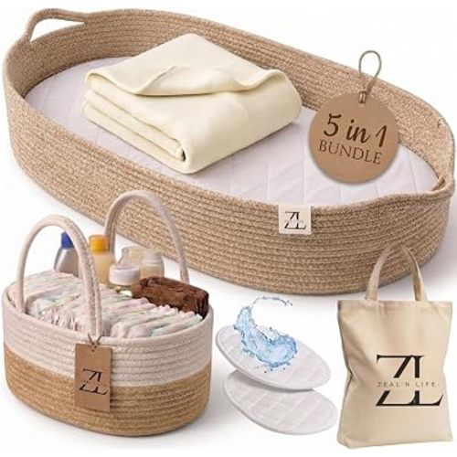 ZEAL'N LIFE Baby Changing Basket Set, Luxurious Moses Basket for Newborns with Waterproof Portable Changing Pad for Dresser, Caddy for Baby Stuff, Baby Blanket & Tote Bag, New Baby Gift Basket