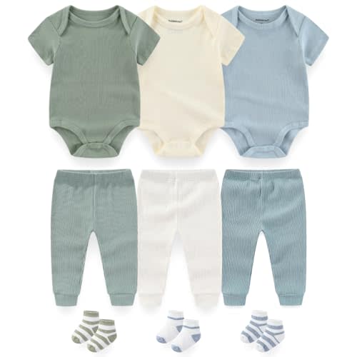 BIGBIGKISS Baby Layette Gift Set 9-Piece Baby Bodysuits and Pants Sets Infant Boys Girls Clothes Outfits