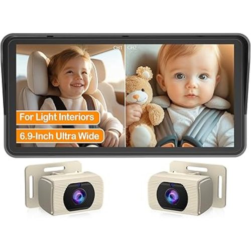 Yakry 2-Kids Baby Car Camera for Seat: 6.9 Inch Split-Screen Display with 2 Cameras Rear Facing - HD 1080P, IR Night Vision, Easy to Install Backseat Camera with 150°Wide Angle White