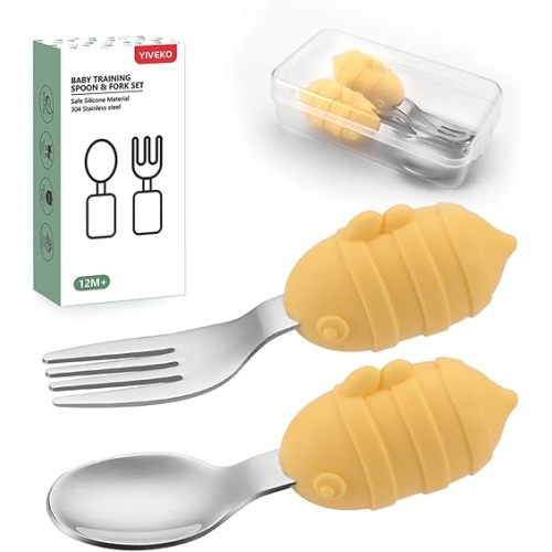 Baby Fork and Spoon Set with Carry Case Baby Training Utensils Self Feeding Toddler Silverware Silicone and Stainless Steel Kids and Toddler Utensil Set-Bees