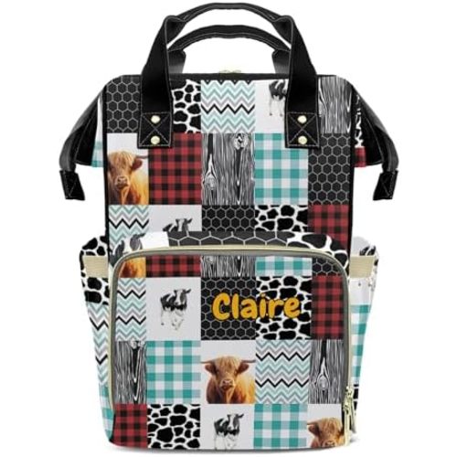 Cute Highland Cow Pattern Personalized Diaper Bag Backpack Name Custom Mommy Nappy Baby Bag Daypack for Mom Dad Gifts