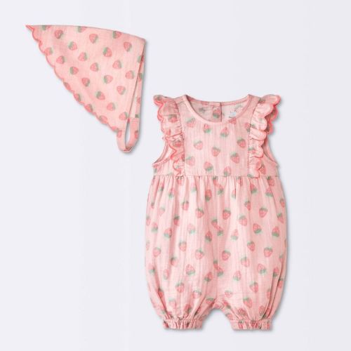 Baby Girls' 2pc Strawberry Fruit Scallop Tank Romper and Bonnet Set - Cloud Island™ Pink 3-6M