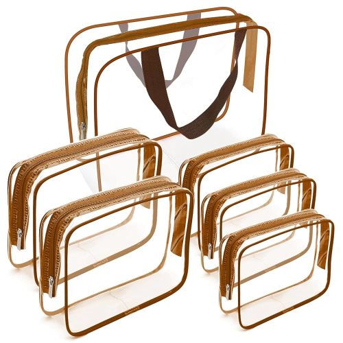 APREUTY Clear Makeup Bags, TSA Approved 6Pcs Cosmetic Makeup Bags Set Clear PVC w/Zipper Handle Portable Travel Luggage Pouch Airport Airline Bags Bathroom (Coffee)