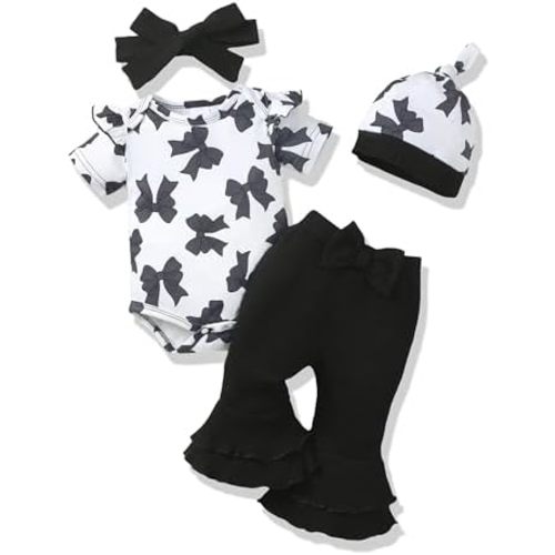 Renotemy Newborn Baby Girl Clothes Infant Romper Spring Summer Outfits Gifts Bell Bottoms Pant Sets for Girls Preemie-12Month