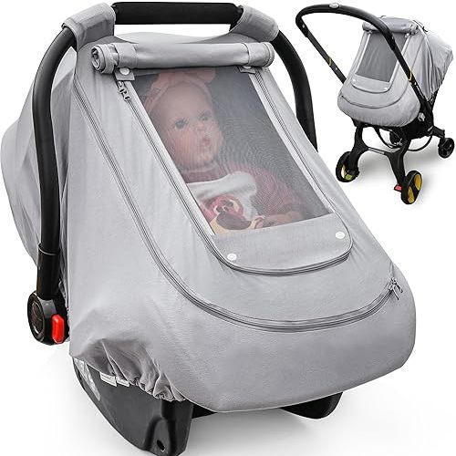 Baby Car Seat Cover for Summer/Spring,100% Organic Cotton Carseat Cover for Babies,Infant Car Seat Cover Canopy for Boys& Girls, Lightweight & Breathable (Gray)