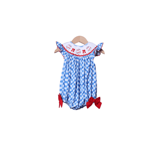 Smocked Baseball Red and Blue Plaid Bubble