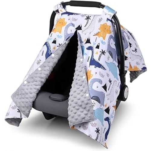 Rquite Baby Car Seat Cover, Carseat Covers Baby Boy, Minky Infant Car Seat Cover Winter, Peekaboo Opening Car Seat Canopy, Multi-use Baby Carrier, Stroller, Nursing Cover, Minky Blanket, Dinosaur