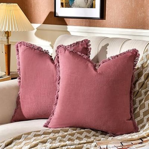 AmHoo Pack of 2 Linen Pillow Covers with Tassels Fringed Decorative Rustic Natural Throw Pillowcase Cushion for Couch Sofa Bedroom 16 x 16-Inch Dusty Rose