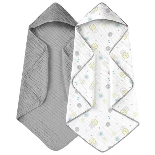 Yoofoss Hooded Baby Towels for Newborn 2 Pack 100% Muslin Cotton Baby Bath Towel with Hood for Babies, Infant, Toddler and Kids, Large 32x32Inch, Soft and Absorbent Newborn Essential