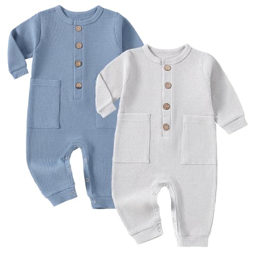 Yookoom Baby Boys Girls 2 Pack Solid Romper Waffle Long Sleeve One-Piece Cotton Jumpsuit Outfits Clothes
