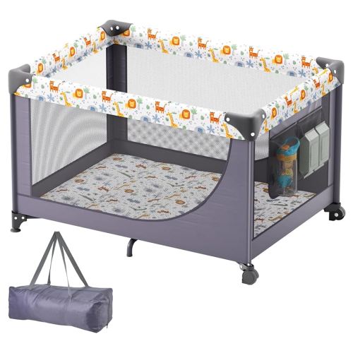 VEVOR Baby Travel Crib and Play Yard, Folding Baby Playpen with Soft Mattress Pad, Portable Toddlers Crib with Breathable Mesh and Travel Bag, Indoor/Outdoor Kid Activity Center for 0-36 Months Babies