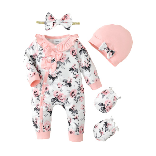 Preemie Baby Girls Clothes Preemie Girls One-piece Bodysuit Flower Print Preemie Girls Long Sleeve Floral Bodysuit with Headband Pink