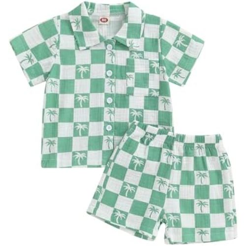 Mandizy Toddler Baby Boy Summer Clothes Checkered Palm Tree Print Shirt Tops and Shorts Set 2Pcs Cotton Linen Outfit