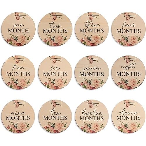 Wooden Baby Monthly Milestone Discs Floral Set of 12 Natural Newborn Photo Props for Baby Girl Shower Gift Round Wooden Signs Track Growth Monthly Baby Keepsake Rustic Flower Baby Decor