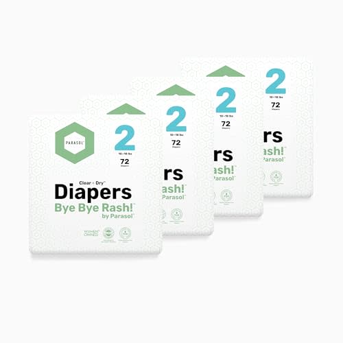 Parasol Clear+Dry Disposable Diapers, RashShield Protection and Leak-Control Fit, Hypoallergenic Diapers, Size 2 (10-18 lbs), 288 Count