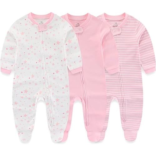 Newborn Baby Boy Girls Clothes 2-Way Zip Footed Cotton Bodysuit 3-Pack Long Sleeve Outfits 0-12Months Baby Pajamas