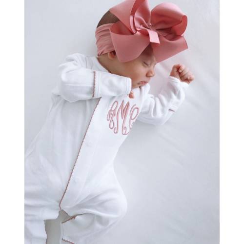 Baby girl coming home outfit, Monogrammed footie, Personalized Baby gift, Monogrammed sleeper, pima cotton, pictures, shower gift, mauve