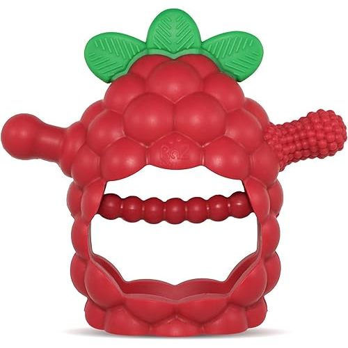 RaZbaby RaZberry Grip Silicone Teether Toy for 3M+ | Drop Resistant Hand Held Teether for Babies and Infants - Designed by Nature with Our Patented BerryBumps Multitextured Design | 3M+, Red