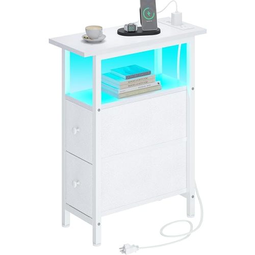 End Table with Charging Station, Narrow Side Table with 2 Fabric Drawers, Skinny Nightstand with LED Light, Slim Bedside Table for Bedroom, Living Room, Small Spaces, White