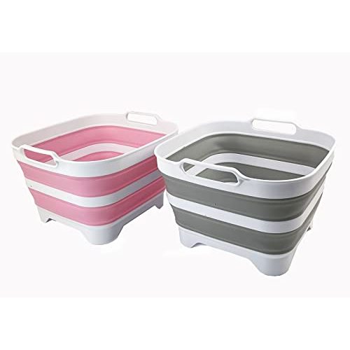 SAMMART 10L (2.64 Gallon) Collapsible Dishpan with Draining Plug - Foldable Washing Basin - Portable Dish Washing Tub - Space Saving Kitchen Storage Tray (Grey + Pink (Set of 2))